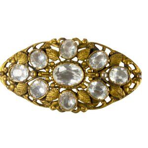 Antique Collectors 4" Oval Filigree Brooch Sash Pin Clear Faceted Glass Filigree